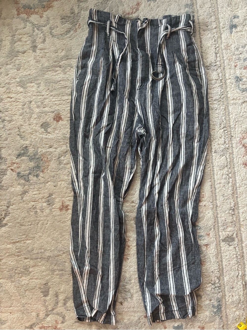 Abercrombie & Fitch Grey and White Vertical Stripe Paperbag Waist linen Pants